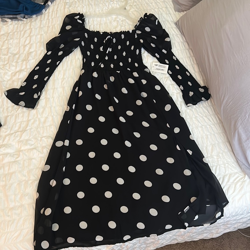 Mid length sleeve polka dot midi dress
